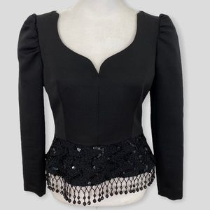 Vintage Abe Schrader Evenings Black Sequin Beaded Fringe Long Sleeve Top